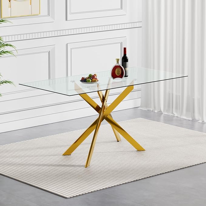 Goujxcy 5 Piece Glass Dining Table Set Modern Glass Dining Table Set for 4, 51" Rectangular Kitchen Table and 4 Velvet Upholstered Chairs for Kitchen Dining Room, Gold Table & Black Chair