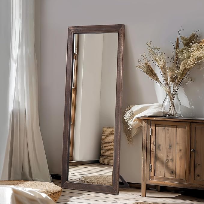 MELOMOIR Rustic Farmhouse Full Length Mirror, 56"x21" Wood Floor, Free Standing Leaning Hanging, Long for Bedroom Cloakroom, Wall Full Length, Charcoal-Grilled Brown