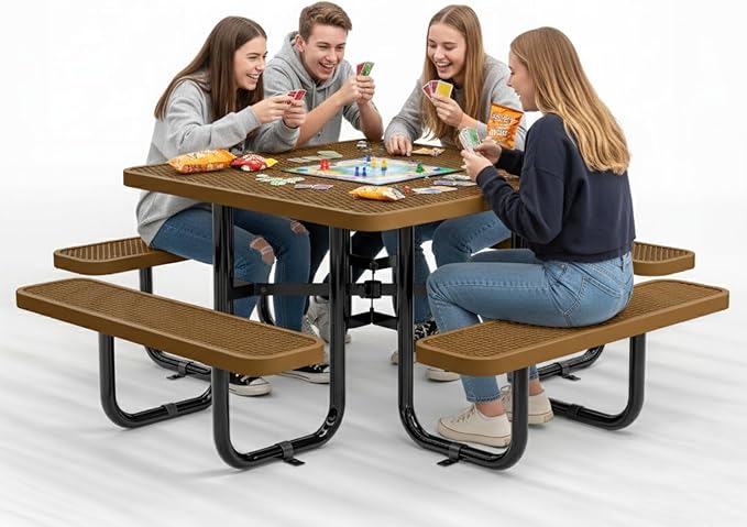 Metal Picnic Tables for Outdoors with Umbrella Hole - Coated Steel Heavy Duty Commercial Grade Furniture with Adjustable Seats (Brown, 46 in, Square, Expanded Steel)