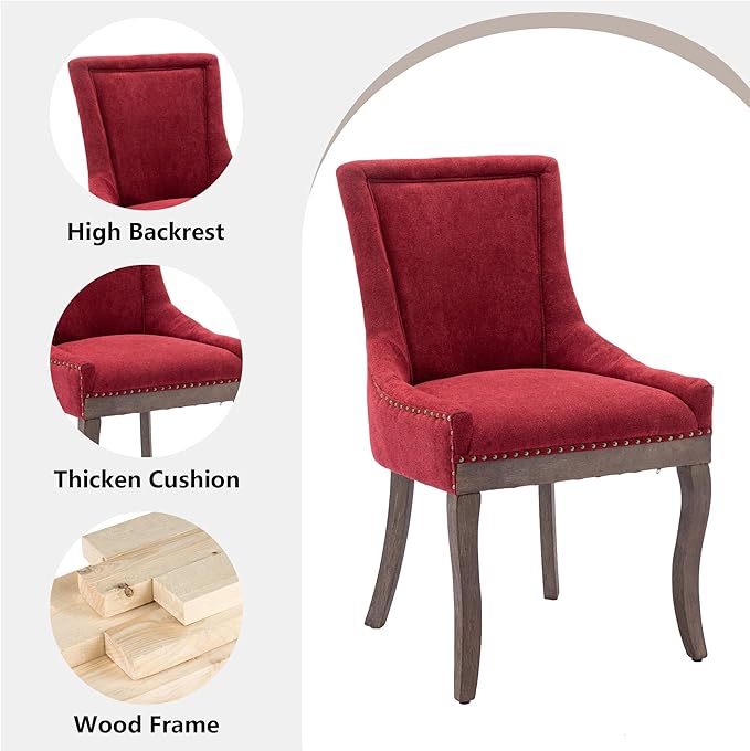 Farmhouse Dining Chairs Set of 2, Upholstered Fabric Dining Room Accent Chairs with Wood Legs & Bronze Nailhead, High Wingback Kitchen Chairs for Living Room Hotel Apartment, Burgundy