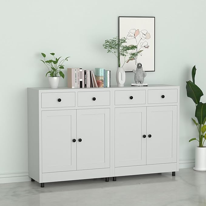 Metal Storage Cabinet with 2 Drawers and Adjustable Shelf, Sideboard Buffet Cabinet for Home, Office, Hallway, Entryway, Living Room, Kitchen Pantry and Dining Room (34.8" H, with Feet, White)