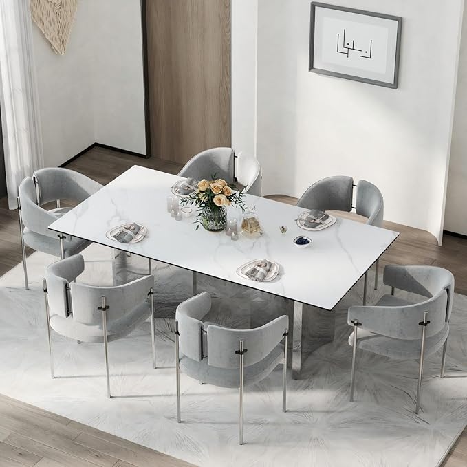 Asday 78-Inch Sintered Stone Rectangular Dining Table, Large Kitchen Table with Chrome Triangle Stainless Steel Double Pedestal for Living Room, Kitchen, Dining Room, White and Silver