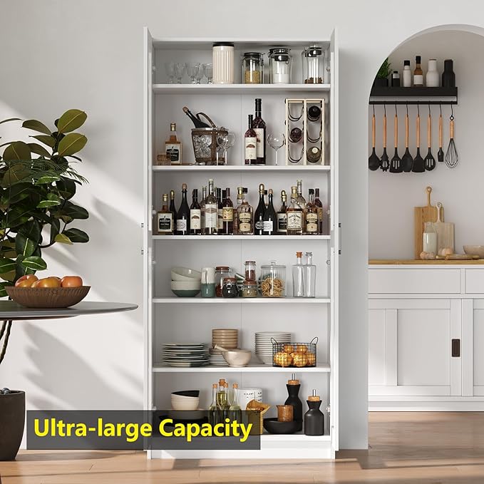 White Tall Kitchen Pantry Cabinet Organizers and Storage with Doors and Adjustable Shelves，Wood Large Gabinetes Para Cocina Office Bookshelf for Laundry Room Cabinets (31.5”W*15.7”D*71”H)