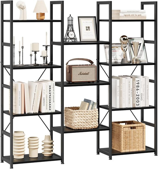 NUMENN Triple Column 4 Tier Bookshelf, Bookcase with 11 Open Display Shelves, Adjustable Rustic Industrial Style Book Shelves, Modern Bookshelves for Bedroom, Living Room and Home Office, Black
