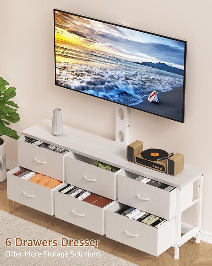 TV Stand with Mount, Fabric Dresser with 6 Drawers for 32/45/55/60/65/75 inch TVs, White Dresser Entertainment Center, Modern Media TV Console Table