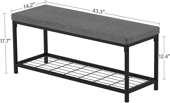 Shoe Bench, 43.3" Entryway Bench with Cushion Seat, Shoe Rack Bench with Storage, Modern Style, Holds Up to 350 lb, for Living Room, Bedroom, Hallway, Grey
