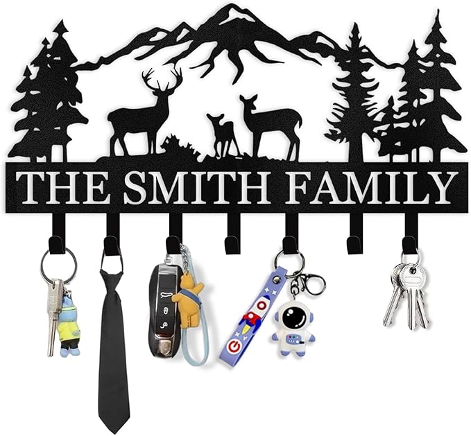 Personalized Key Holder for Wall - Metal Key Hooks for Wall Organizer, Deer Forest Theme Key Rack Wall Mount, Key Hanger Organizer for Kitchen, Entryway, Hallway, Office Decor