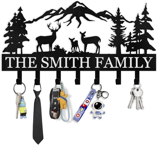 Personalized Key Holder for Wall - Metal Key Hooks for Wall Organizer, Deer Forest Theme Key Rack Wall Mount, Key Hanger Organizer for Kitchen, Entryway, Hallway, Office Decor