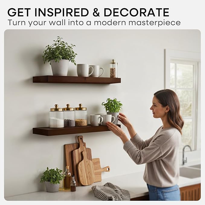 Homeforia 24inch Walnut Floating Shelves for Wall, High End Solid Real Wood 24in Floating Shelf for Bathroom, Dark Brown 24 inch Long Floating Shelves, Heavy Duty Bracket, 24 X 6.5 X 1.75 in, Set of 3