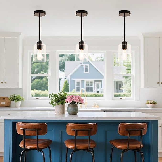 MAYNA 3-Pack Black Kitchen Island Lighting Over Table, Linear Industrial Chandelier with Glass Shades, Adjustable Rods Ceiling Lights for Kitchen, Breakfast Nook (Bulbs Included)