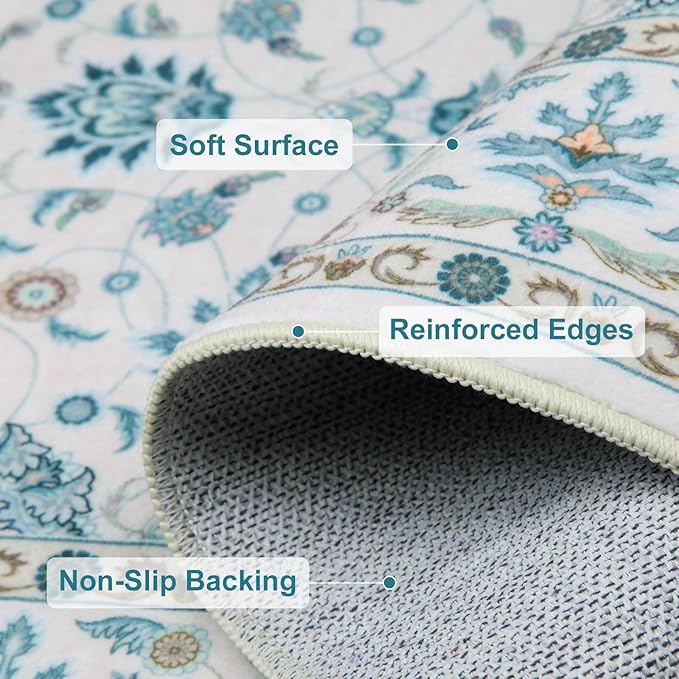 WILLSUN Washable Area Rugs, 4x6 Non-Slip Boho Large Area Rugs for Living Room, Bedroom, Machine Washable Vintage Rug, Indoor Floral Print Carpet for Home Decor, Kid & Pet Friendly Mat