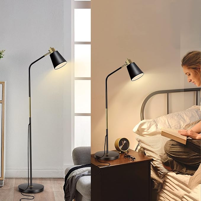 Floor Lamp, Dimmable Floor Lamps for Living Rooms & Bedrooms, Farmhouse Reading Lamp - Standing, Adjustable Metal Heads Indoor Task Lighting for Living Room Bedroom Office (Dimmable Black)
