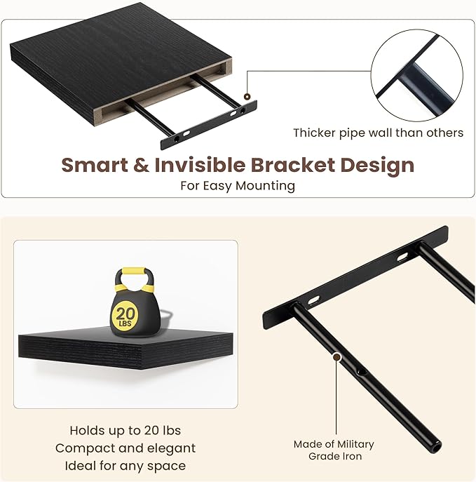 Fun Memories Floating Shelves for Wall - 9.3 Inch Square Shelves with Invisible Brackets, Black Small Wall Shelf for Living Room, Bathroom, Bedroom, and Kitchen Decor，Set of 4