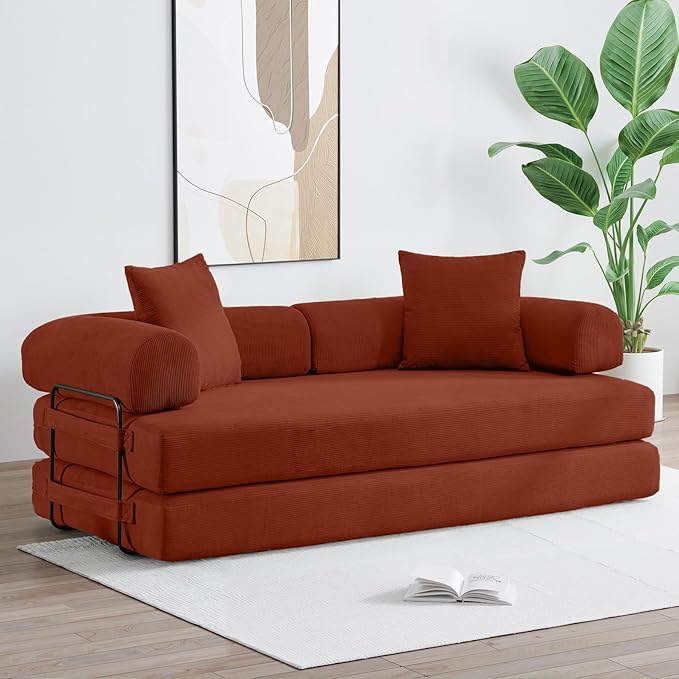 Convertible Sleeper Sofa Bed with Cylindrical Pillow, Corduroy Folding Boneless Couch with Fixed-Shape Frame, Floor Sofa Lounge Couch for Living Room Bedroom Lounge Studio-Ancora Red