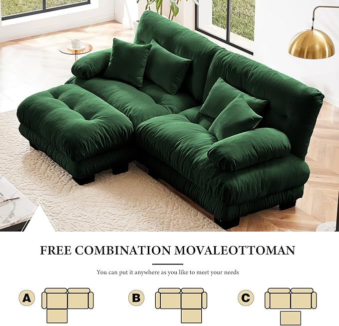 94.4" Loveseat Sofa, 2 Seater Modular Sectional Sofa, Green Large L Shaped Sectional Couches for Living Room, Fluffy Chenille Fabric Cloud Couch with Ottoman