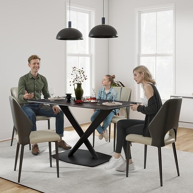 55" Modern Dining Table for 4-6 People, Black Sintered Stone Table Top with X-Shape Carbon Steel Pedestal, Large Rectangular Table for Kitchen Living Room