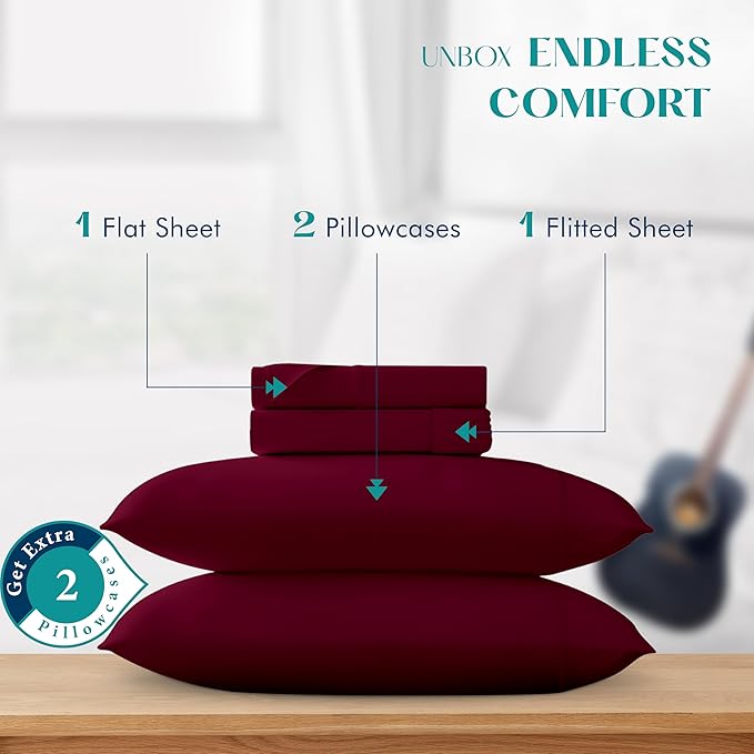 XOOX Linen 100% Egyptian Cotton Queen Sheet Set - Luxury 1200 High Thread Count Egyptian Cotton Sheets Queen Size (4 PC, Burgundy), Silky Soft, Cooling, 17" Deep Pocket Sateen Weave Hotel Bedding