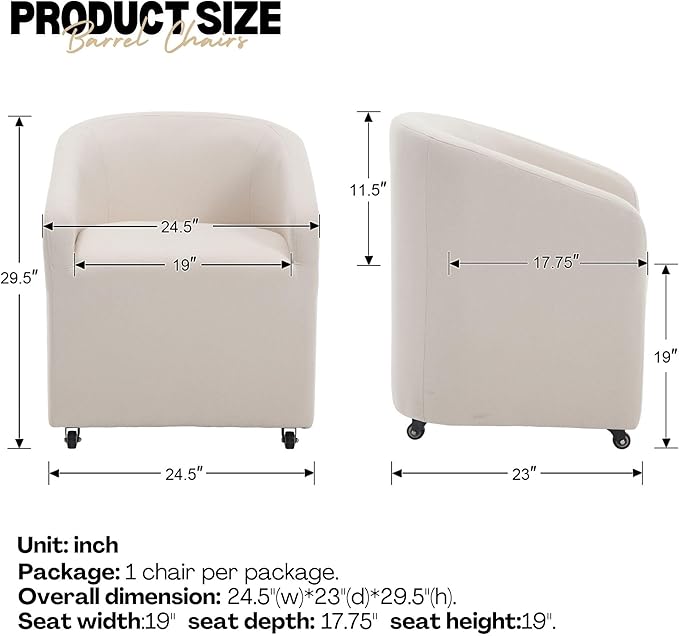 Set of 4 Modern White Upholstered Dining Chairs with Swivel Casters, Linen Barrel Back Accent Side Chair for Dining Room Living Room, Beige