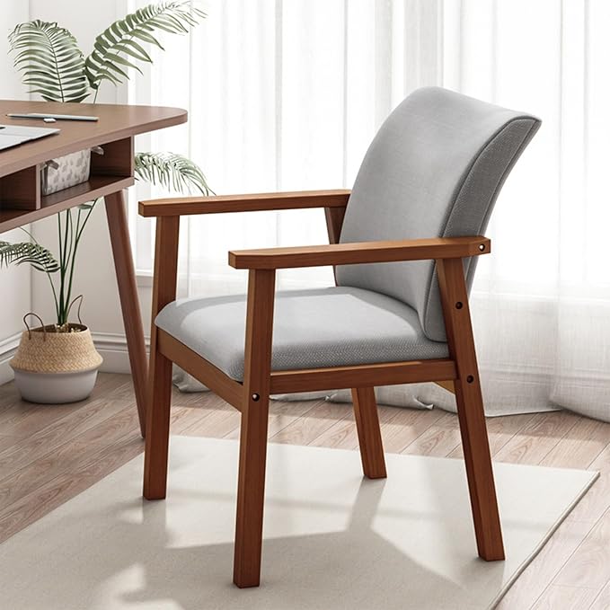Solid Wood Upholstered Dining Chair, Mid Century Modern Dining Room Chair with Curved Backrest and Armrest for Kitchen, Living Room, Study Room, Walnut and Gray