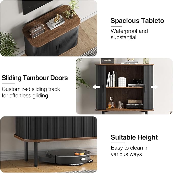 31''W Black Buffet Sideboard Cabinet with Storage, Fluted Accent Storage Cabinet Black with Curvy Edge; Sliding Door Coffee Bar, Credenza Console Table for Living, Kitchen, Hallway