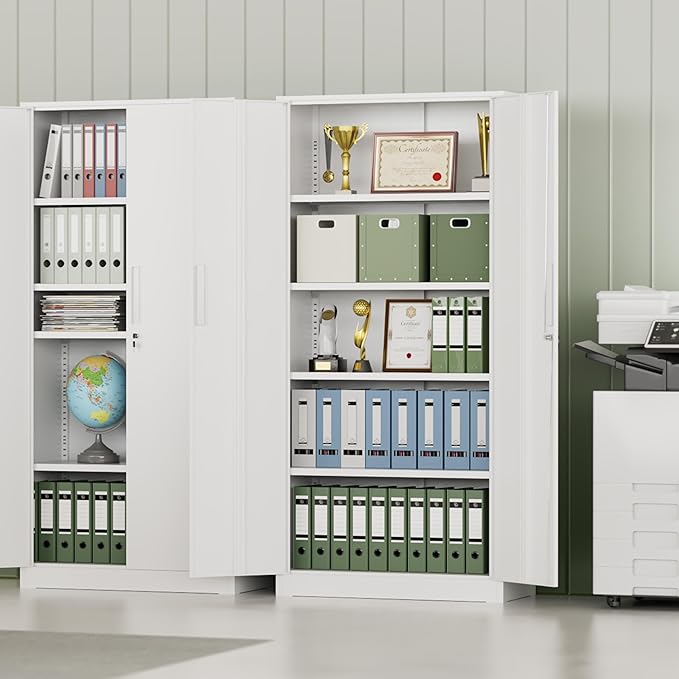 INTERGREAT Metal Storage Cabinet, 72" H Lockable Steel Cabinets with Locking Doors, Storage Locker with Adjustable Shelves for Office, Home, Garage, Gym, School (White)