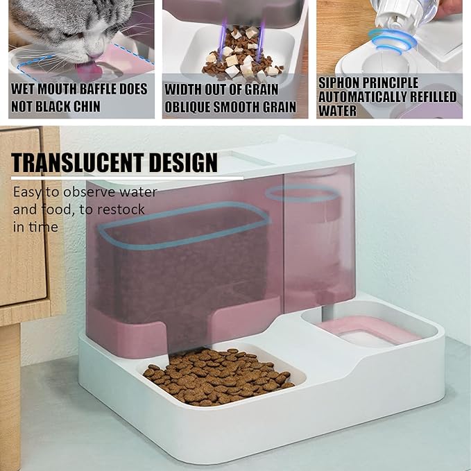 kathson All-in-One Automatic Cat Feeder and Water Dispenser Set Gravity Cat Food and Water Bowl Set Automatic Pet Feeder and Water Dispenser for Small Dogs Puppy Cats Pets(Pink)