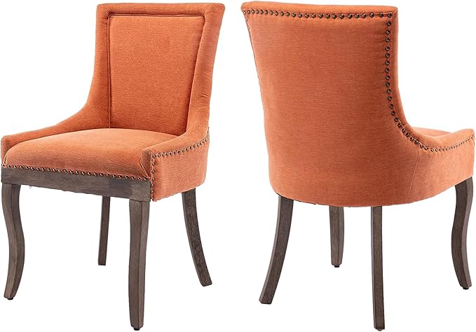 Farmhouse Dining Chairs Set of 2, Upholstered Fabric Dining Room Accent Chairs with Wood Legs & Bronze Nailhead, High Wingback Kitchen Chairs for Living Room Hotel Apartment, Orange