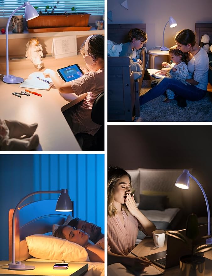 BOHON LED Desk Lamp with USB Charging Port, 3 Color Modes Fully Dimmable Reading Lamp, Auto Dimming Task Lamp, Flexible Neck Table Light for Office Dorm Bedside, Adapter Include