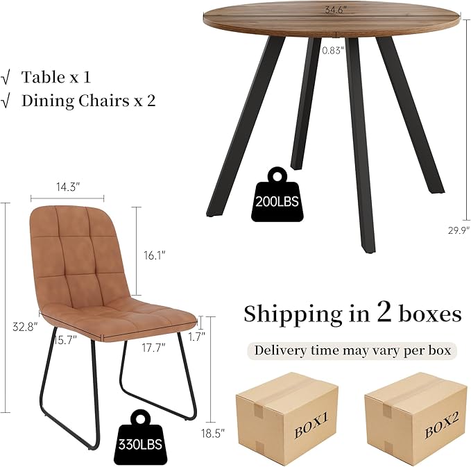 34.6'' Dining Table and Chairs for 2, Mid Century Modern Round Table Set, Space Saving for Apartment Kitchen Dining Room (Walnut Table+2 U-Shaped Brown Chairs)