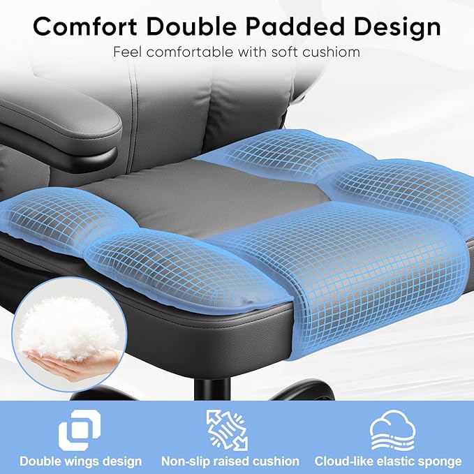 Executive Leather Office Chair, Computer Chair with Thick Cushion & Lumbar Support, Ergonomic Desk Chair with Adjustable Headrest & Armrests,Grey