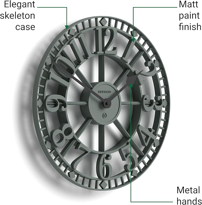 NEWGATE® Warehouse Wall Clock | Skeleton Clock | 16 inch | Asparagus Green with Black Hands | Contemporary Vintage Style for Kitchen, Living Room or Office