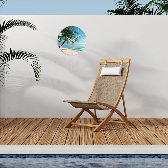 XFM Beach Wall Clock Silent Non-Ticking Battery Operated Clocks 12 Inch Blue Ocean Tropical Palm Tree Wall Clock Decorative for Living Room Kitchen Bedroom Office