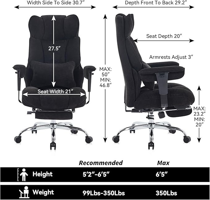 Efomao Executive Office Chair, Soft-Cushioned Computer Chair with Foot Rest, Fabric Home Office Desk Chairs, Big and Tall Office Chairs, Black