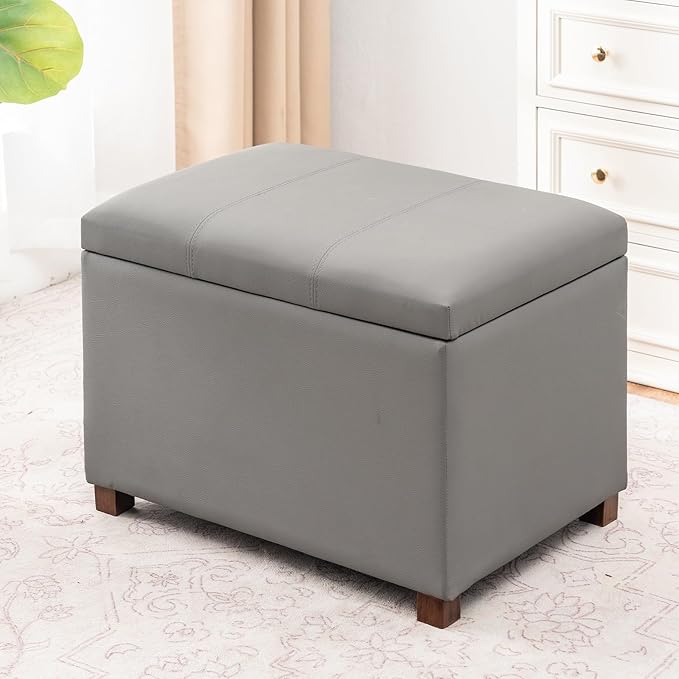 Joveco 24" Leather Storage Ottoman Bench, Rectangle Foot Rest Stool for Living Room, Bedroom, Entryway, Grey