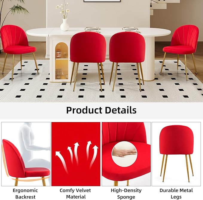 Velvet Dining Chairs Set of 6, Upholstered Mid Century Modern Dining Room Chairs, Armless Accent Chair with Metal Gold Legs for Living Room, Kitchen, Rose Red