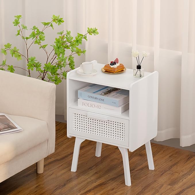 Lerliuo Rattan Nightstands Set of 2, Side Table with Drawer Open Shelf, Cane Accent Bedside End Table with Solid Wood Legs, Mid Century Modern Night Stand for Bedroom, Dorm and Small Spaces (White)