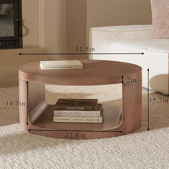 Round Coffee Table with Storage, 31.5" Modern Living Room Table, 2 Tier Circle Wood Center Tables for Apartment, Living Room, Open-Style Storage Gray Coffee Tables, 31.5"*15.7" (Gray)