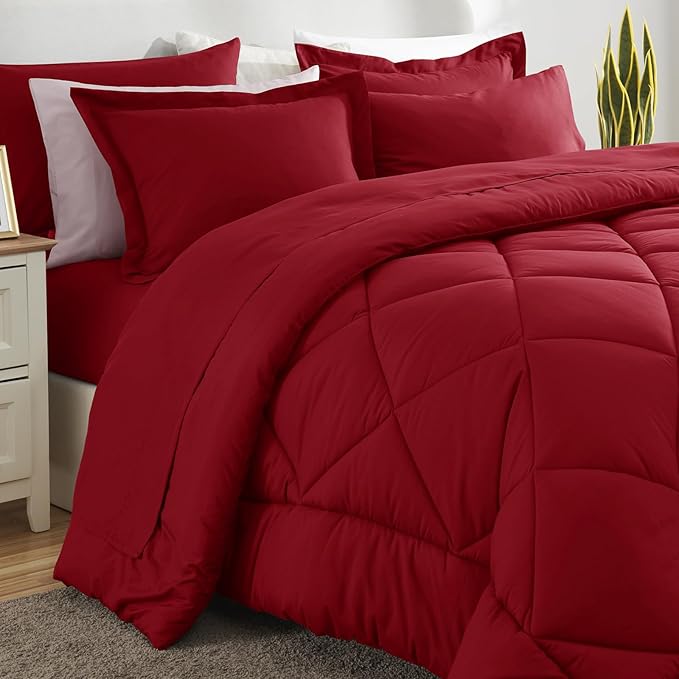 CozyLux Full Size Comforter Sets Dark Red - 7 Pieces Bed in a Bag Full, Luxury Soft Bed Set for All Seasons, Bedding Set with Down Alternative Comforter, Sheets, Pillowcases & Shams