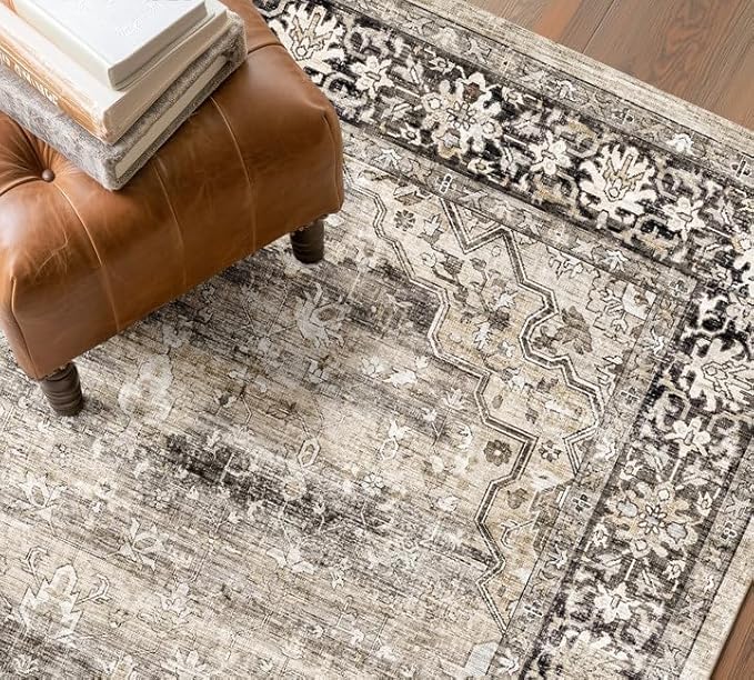 6x9 Living Room Rug Non Slip with Rubber Backing Machine Washable Soft Faux Fur Low Pile Stain Resistant Boho Vintage Euro Floral Carpet Rug for Bedroom Dining Room Kid's Room Home Office,Hazel Brown