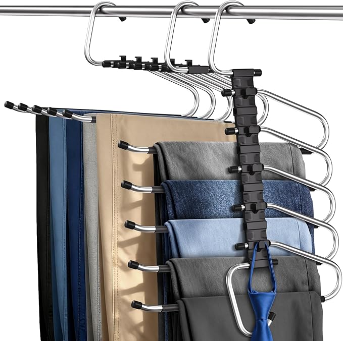 Pants Hangers 2 Pack Space Saving Metal Closet Organizer, Anti-Slip Design, Multi-Layer Space Saving Hangers, Closet Organizers and Storage for Jeans, Trousers, Skirts, Scarves, Slacks, Black