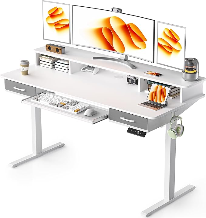 63 Inches Electric Standing Desk with Keyboard Tray, Height Adjustable Sit to Stand Table with 2 Drawers, Ergonomic Home Office Desk with Storage Shelf, Computer Table, White