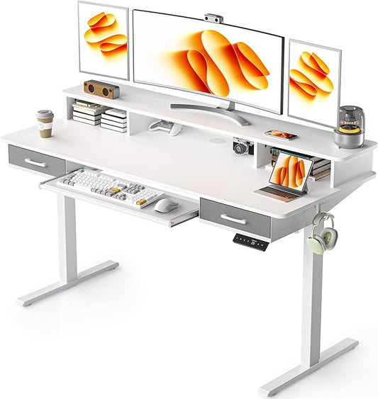 63 Inches Electric Standing Desk with Keyboard Tray, Height Adjustable Sit to Stand Table with 2 Drawers, Ergonomic Home Office Desk with Storage Shelf, Computer Table, White