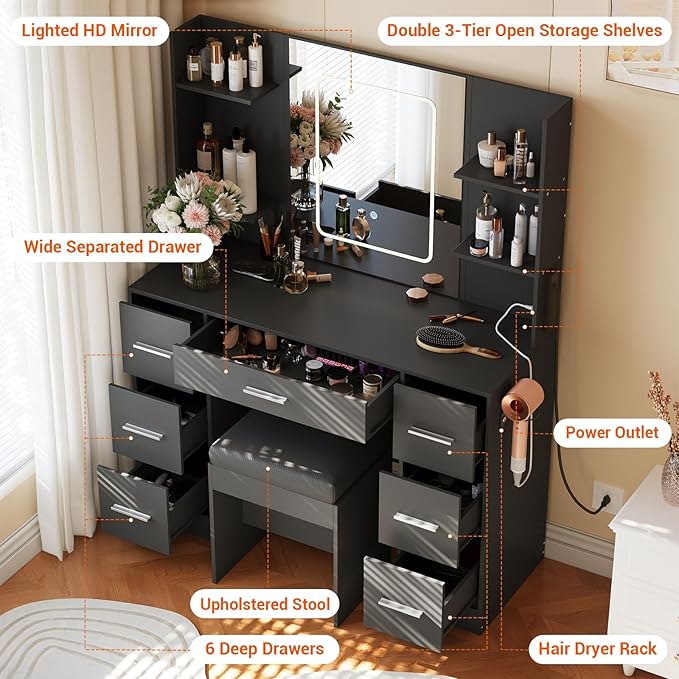 Hetoy Vanity Desk with Mirror and Lights - Makeup Vanity Desk with Chair - Dressing Table with 7 Drawers and Hair Dryer Rack for Bedroom
