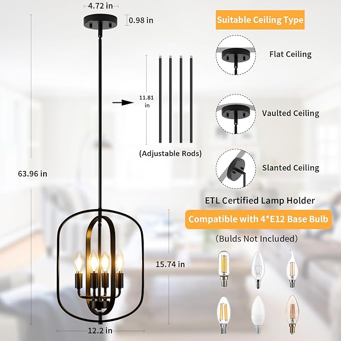 Black Chandelier Light Fixture, 4-Light Dining Room Chandelier Over Table Farmhouse Rustic Small Entryway Chandeliers Hanging Island Pendant Lights for Kitchen Entryway Foyer Living Room