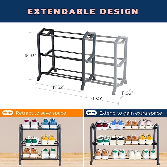 happhom 3-Tier Expandable Shoe Organizer, Space Saver Shelf with Smart Design, Small Shoe Rack for Entryway, Cabinet and Small Spaces, Dark Grey (CSR-02)