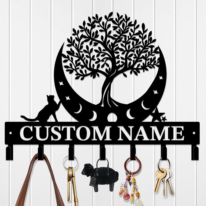 Life Tree Key Hook - Customized Metal Wall Organizer with Name Engraving, Black Iron Home Decor for Themed Collectors (Style C)