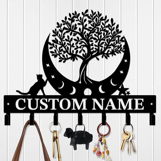 Life Tree Key Hook - Customized Metal Wall Organizer with Name Engraving, Black Iron Home Decor for Themed Collectors (Style C)