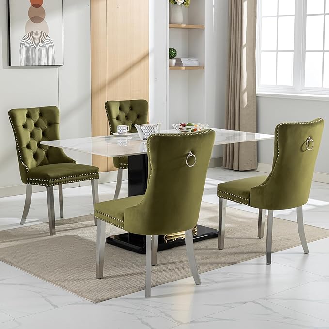 Luxury Upholstered Dining Chairs Set of 4, Olive Green Kitchen Chair with Silver Metal Legs, Velvet Tufted Back Dining Chair, Sillas de Comedor, Modern Kitchen & Dining Room Chairs (Olive, 4 Pcs)