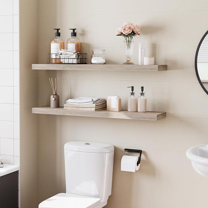 HOOBRO Floating Shelves for Wall, Wall Mounted Shelf Set of 2, 39.4" Hanging Shelf with Invisible Brackets, for Wall in Bathroom, Bedroom, Toilet, Kitchen, Living Room, Office, Greige BG100BJP201