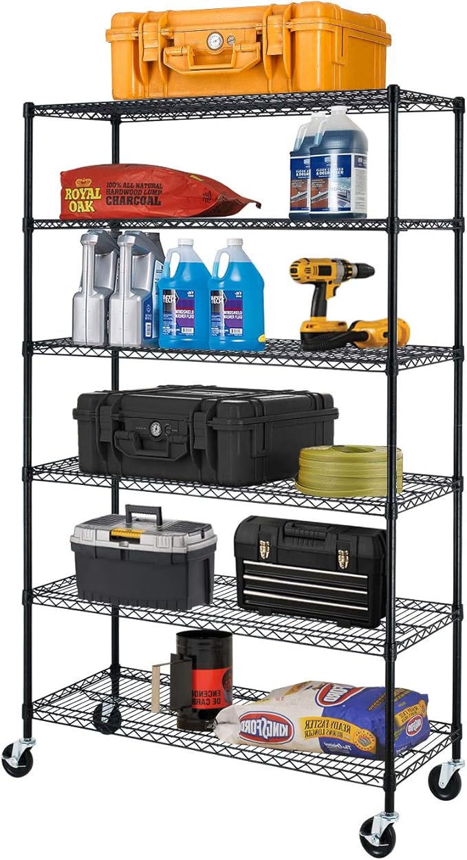 BestOffice | 6-Tier Wire Storage Shelves with Wheels | 18x48x77 | Black | Adjustable Racks | Heavy-Duty Metal Shelf, Holds Upto 600 lbs | No-Tool Assembly | Ideal for Home & Garage Shelving
